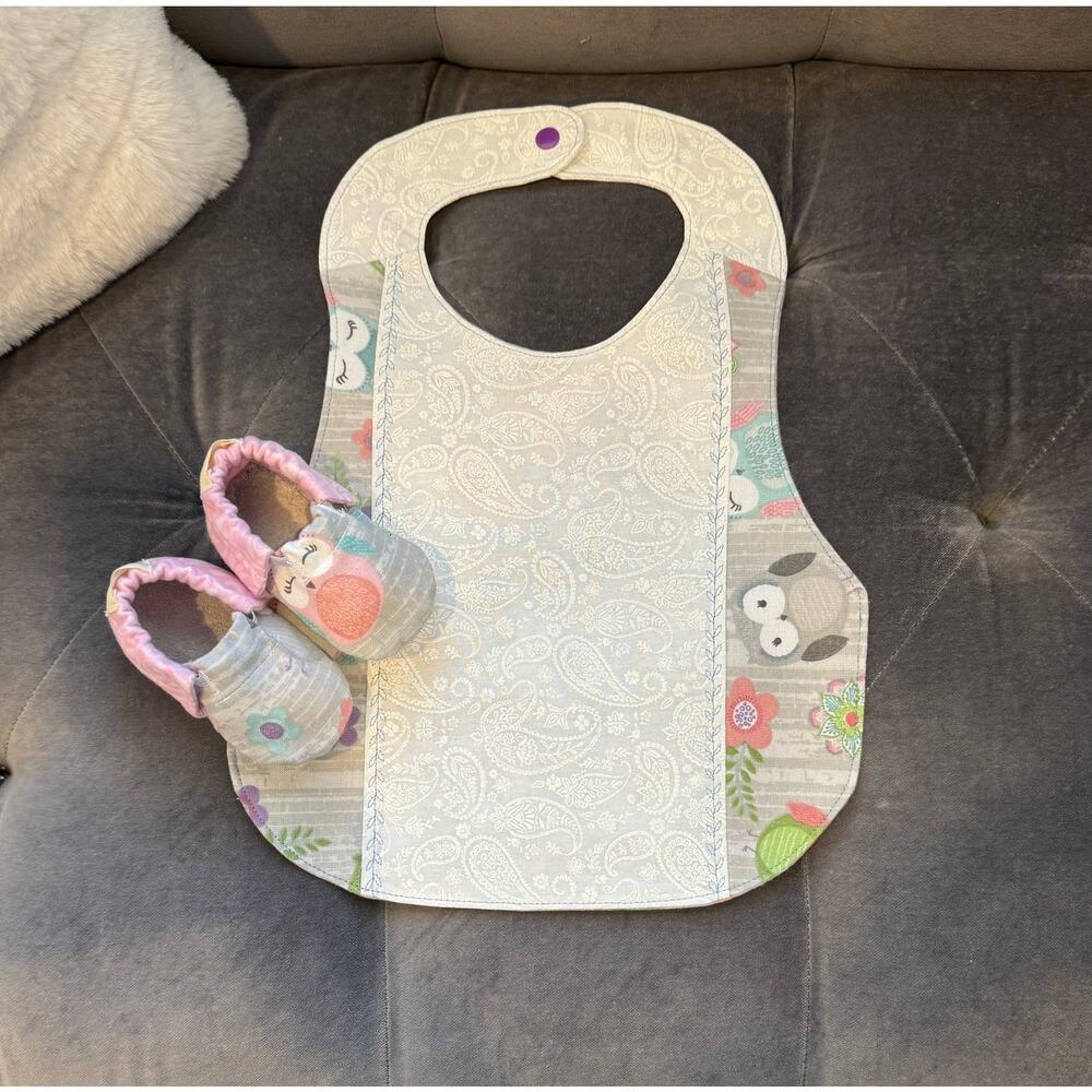 Upcycled and Handmade Fleece/Cotton Extra Coverage Baby Bib & Shoes Size 9-12 mo